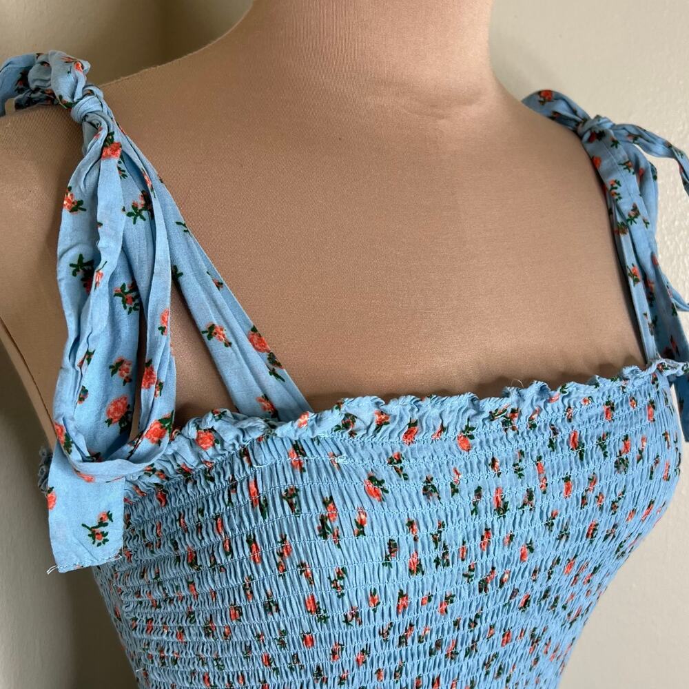 Free People Intimately Bella Dress Medium Womens Smocked Ruffle Floral Girly Sky - Picture 6 of 10